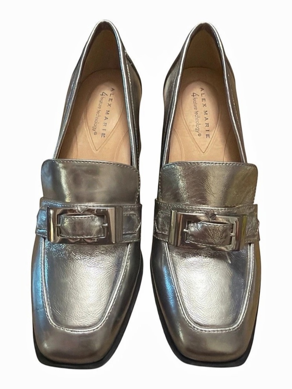 Retro Mod Alex Marie Metallic Silver Leather Loafer Block Heels 8M NWOB